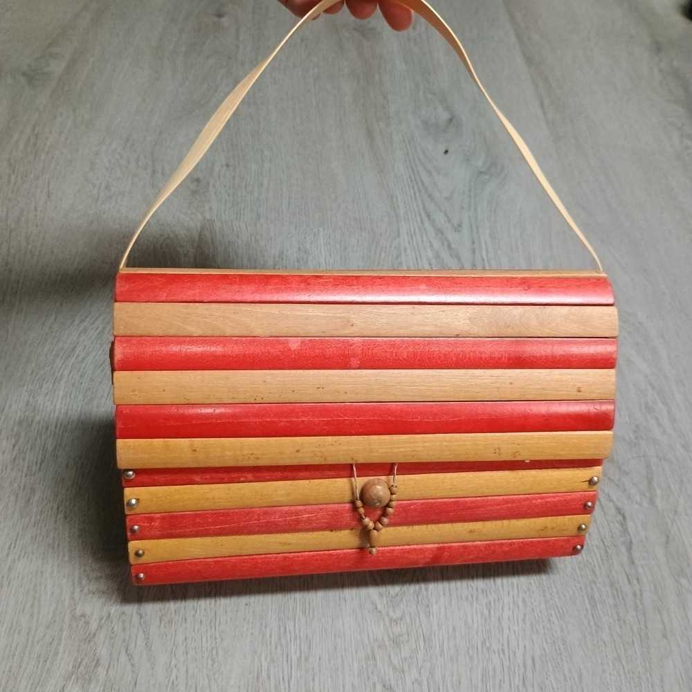 Vintage Wooden Slat Purse Red Unique Hand Made Bag Made In West Germany
